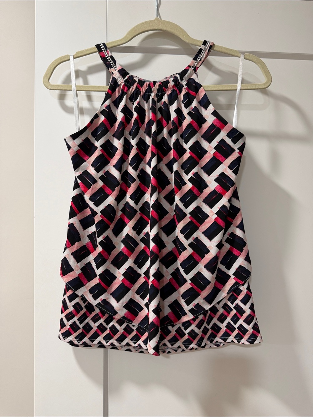 WHBM Women’s Geometric Halter Tank Top - Pink/Black